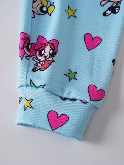 THE POWERPUFF GIRLS X Baby Girl Round Neck Cartoon Print Short Sleeve Top And Long Pants Casual Daily Home Sleepwear Set