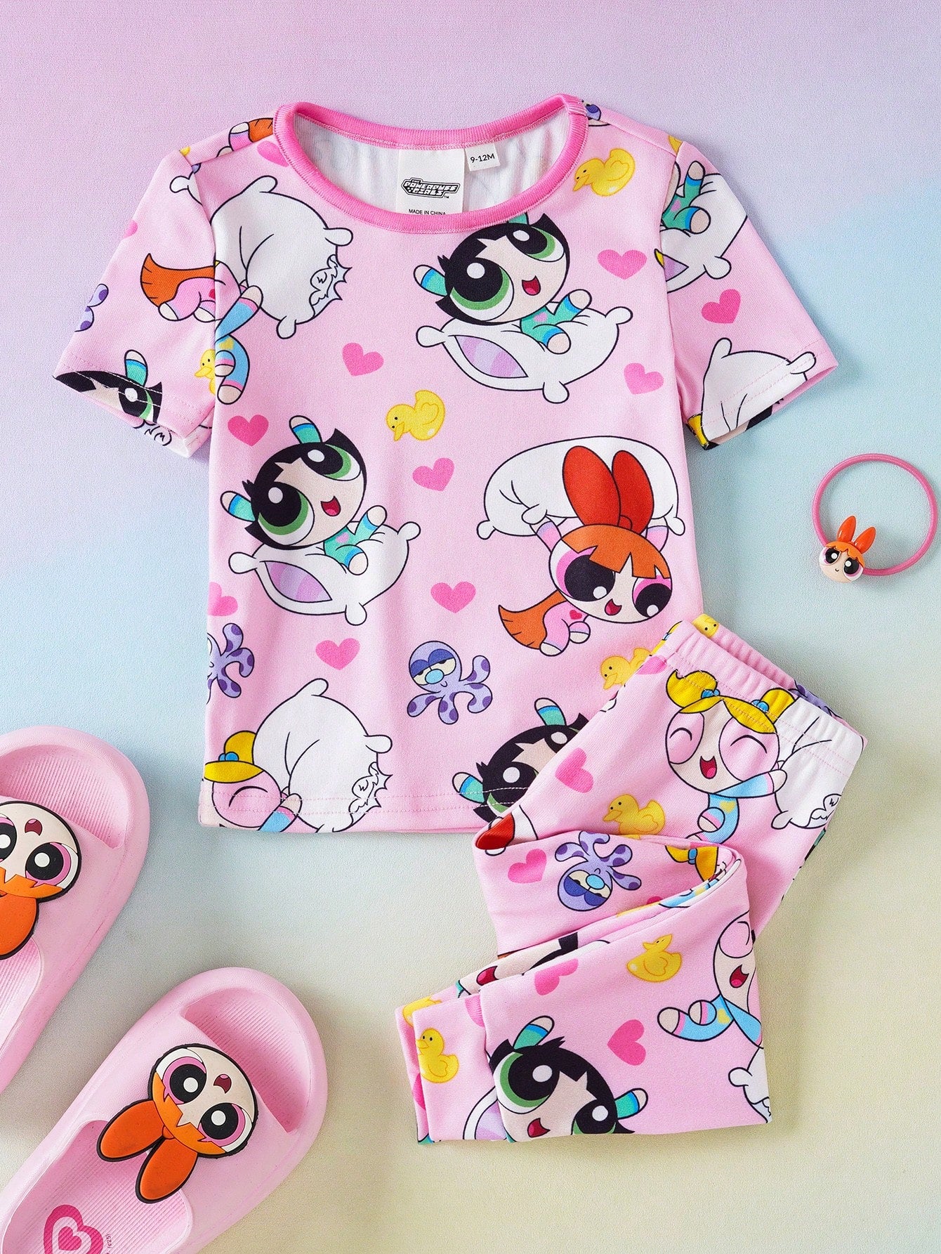 THE POWERPUFF GIRLS X Baby Girl Round Neck Cartoon Print Short Sleeve Top And Long Pants Casual Daily Home Sleepwear Set