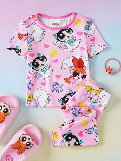 THE POWERPUFF GIRLS X Baby Girl Round Neck Cartoon Print Short Sleeve Top And Long Pants Casual Daily Home Sleepwear Set