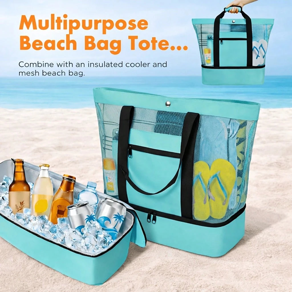 This Dual-Purpose Mesh Beach Tote Bag Features A Cooler Compartment, A Spacious Shoulder Bag, And Is Suitable For Both Men And Women. It Offers Convenient Storage And Is Perfect For Beach Outings, Cam