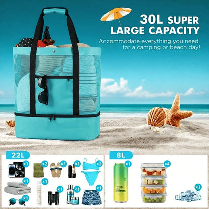 This Dual-Purpose Mesh Beach Tote Bag Features A Cooler Compartment, A Spacious Shoulder Bag, And Is Suitable For Both Men And Women. It Offers Convenient Storage And Is Perfect For Beach Outings, Cam