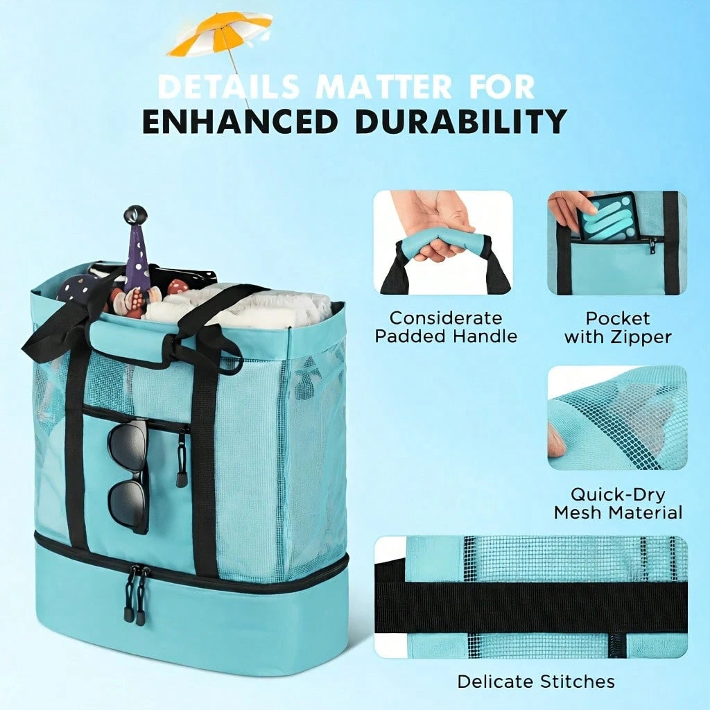 This Dual-Purpose Mesh Beach Tote Bag Features A Cooler Compartment, A Spacious Shoulder Bag, And Is Suitable For Both Men And Women. It Offers Convenient Storage And Is Perfect For Beach Outings, Cam