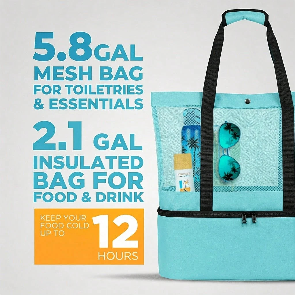 This Dual-Purpose Mesh Beach Tote Bag Features A Cooler Compartment, A Spacious Shoulder Bag, And Is Suitable For Both Men And Women. It Offers Convenient Storage And Is Perfect For Beach Outings, Cam