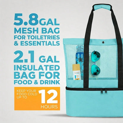 This Dual-Purpose Mesh Beach Tote Bag Features A Cooler Compartment, A Spacious Shoulder Bag, And Is Suitable For Both Men And Women. It Offers Convenient Storage And Is Perfect For Beach Outings, Cam