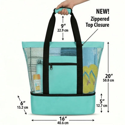 This Dual-Purpose Mesh Beach Tote Bag Features A Cooler Compartment, A Spacious Shoulder Bag, And Is Suitable For Both Men And Women. It Offers Convenient Storage And Is Perfect For Beach Outings, Cam