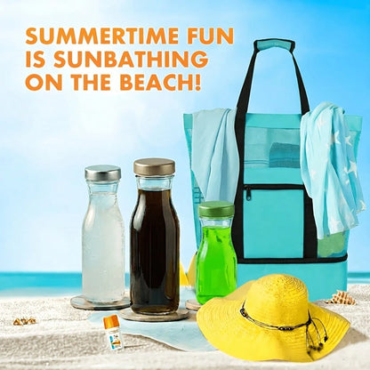 This Dual-Purpose Mesh Beach Tote Bag Features A Cooler Compartment, A Spacious Shoulder Bag, And Is Suitable For Both Men And Women. It Offers Convenient Storage And Is Perfect For Beach Outings, Cam
