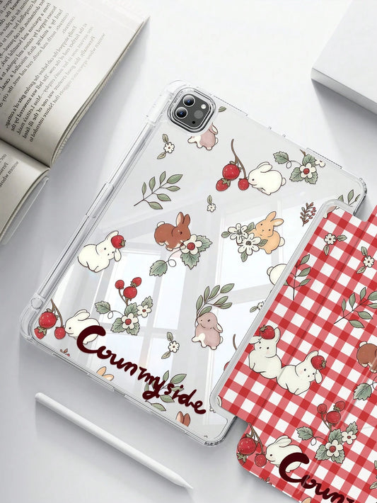 This Exquisite And Adorable Cartoon Anime Plaid White Rabbit And Flower Double-Sided Acrylic Crystal Clear Back Cover Is Shock-Resistant, Suitable For The 7th, 8th (10.2 Inch), And 10th Generation.