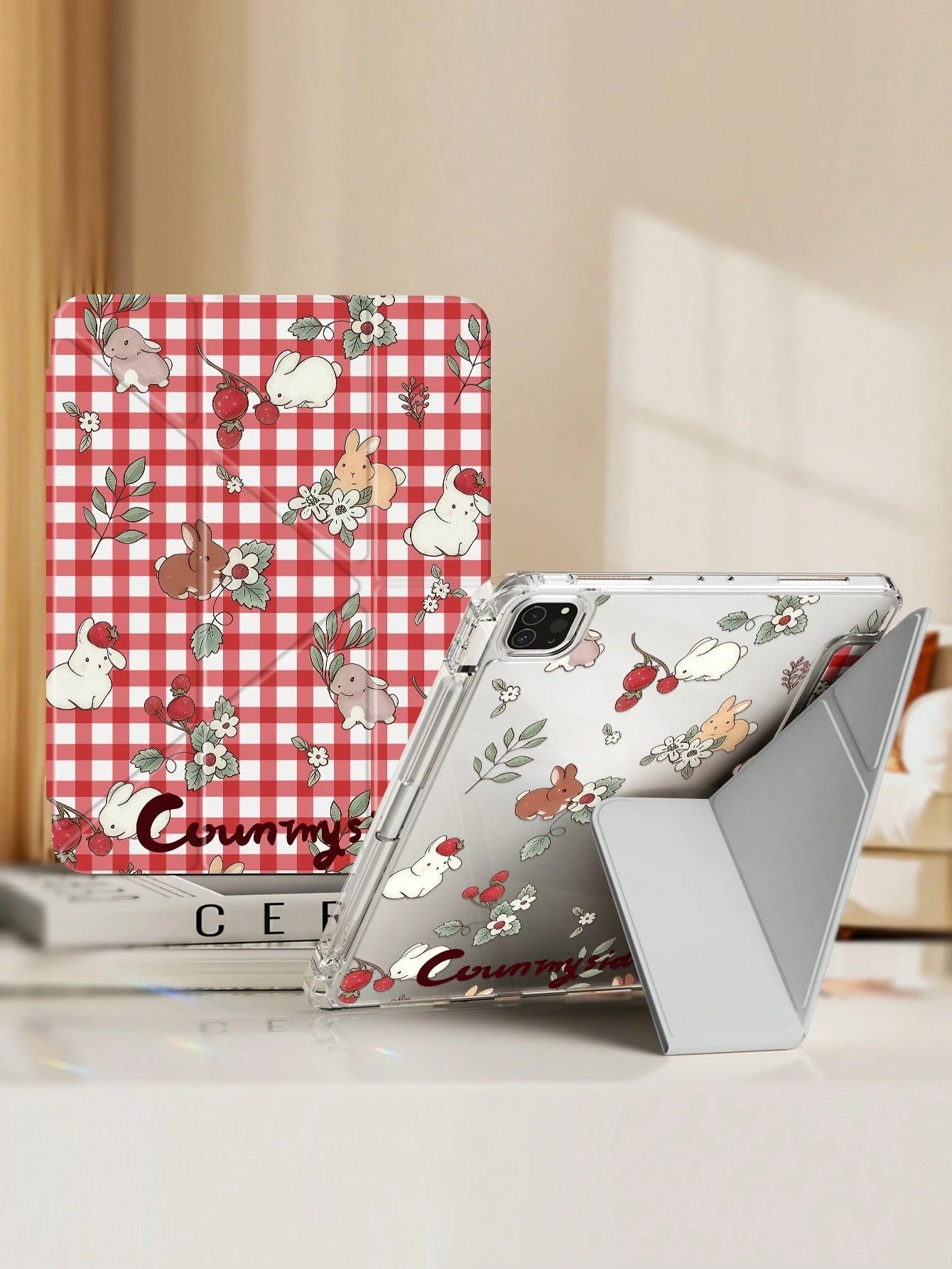 This Exquisite And Adorable Cartoon Anime Plaid White Rabbit And Flower Double-Sided Acrylic Crystal Clear Back Cover Is Shock-Resistant, Suitable For The 7th, 8th (10.2 Inch), And 10th Generation.