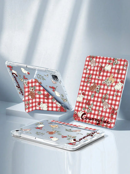 This Exquisite And Adorable Cartoon Anime Plaid White Rabbit And Flower Double-Sided Acrylic Crystal Clear Back Cover Is Shock-Resistant, Suitable For The 7th, 8th (10.2 Inch), And 10th Generation.