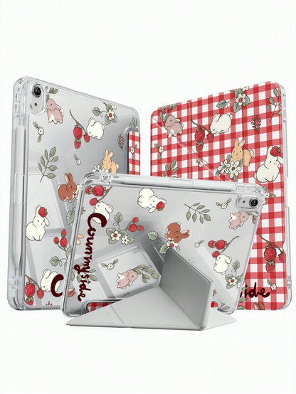 This Exquisite And Adorable Cartoon Anime Plaid White Rabbit And Flower Double-Sided Acrylic Crystal Clear Back Cover Is Shock-Resistant, Suitable For The 7th, 8th (10.2 Inch), And 10th Generation.
