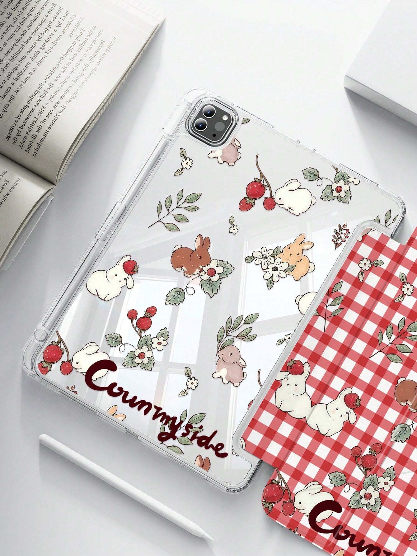 This Exquisite And Adorable Cartoon Anime Plaid White Rabbit And Flower Double-Sided Acrylic Crystal Clear Back Cover Is Shock-Resistant, Suitable For The 7th, 8th (10.2 Inch), And 10th Generation.