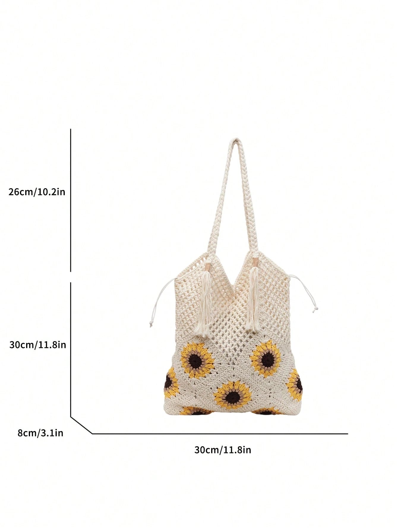 This Sunflower-Themed Hand-Crocheted Wool Tote Bag Is A Fashionable And Versatile Casual Women's Shoulder Bag. It Features Tassel Decoration, Lining, And A Drawstring Closure Design. Perfect For Beach