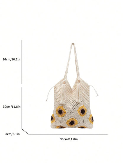 This Sunflower-Themed Hand-Crocheted Wool Tote Bag Is A Fashionable And Versatile Casual Women's Shoulder Bag. It Features Tassel Decoration, Lining, And A Drawstring Closure Design. Perfect For Beach