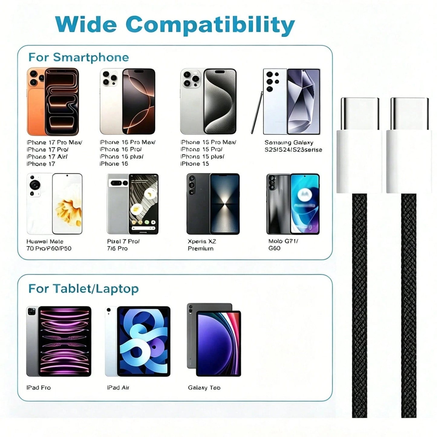 This USB-C To USB-C Data Cable Is Compatible With A Wide Range Of Smartphones And Bluetooth Headphones Equipped With Type-C Ports, Suitable For Desktop Office, Car Use, And Outdoor Activities. Compati