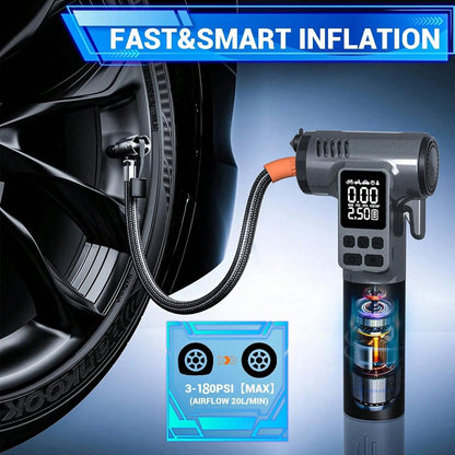 Tire Inflator Portable Air Compressor,180PSI & 15500mAh & 6X Faster Air Pump For Car Tires,8 IN1 Bike Pump With Digital Pressure Gauge And Auto Shut-Off,Cordless Tire Inflator For Ball Motorcycle