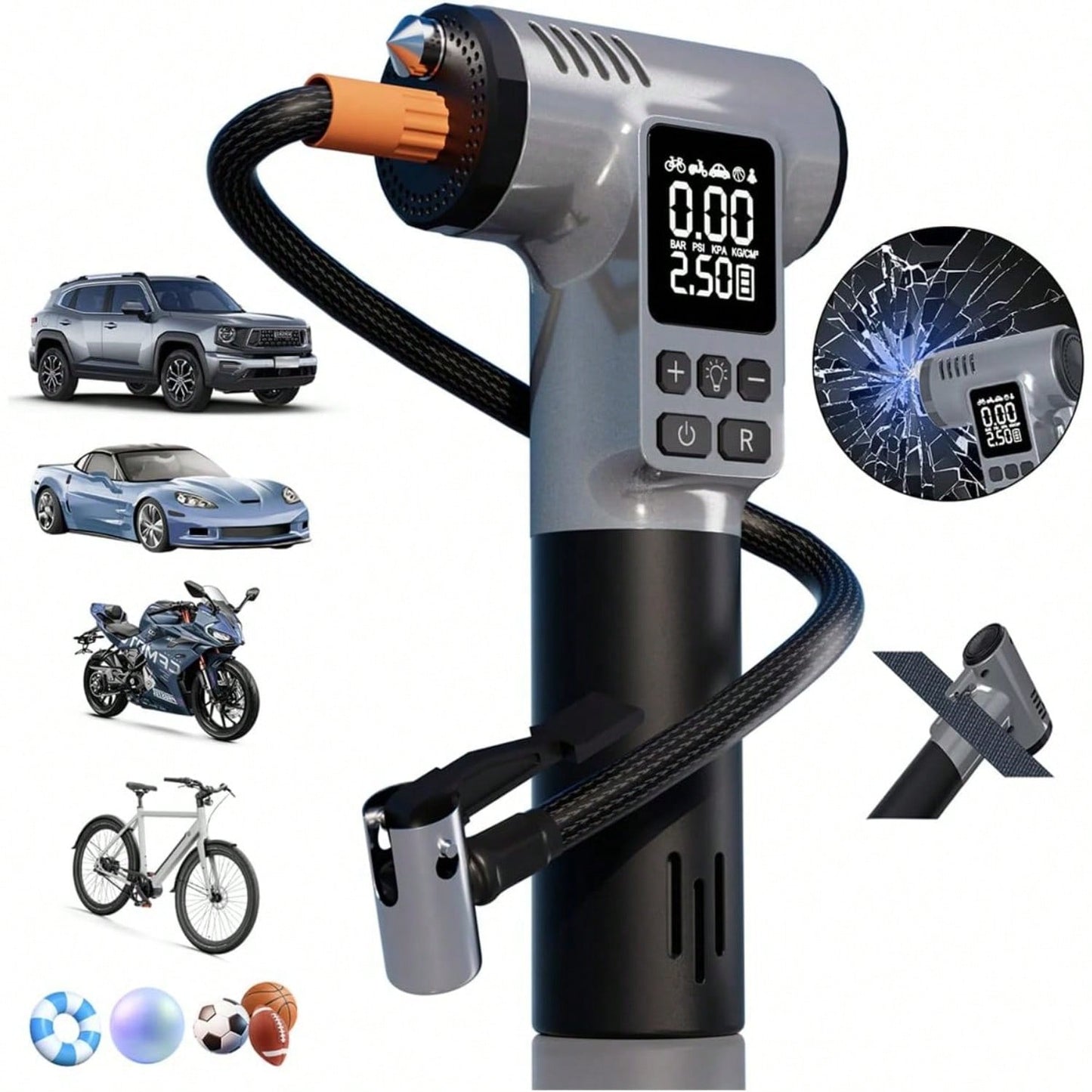 Tire Inflator Portable Air Compressor,180PSI & 15500mAh & 6X Faster Air Pump For Car Tires,8 IN1 Bike Pump With Digital Pressure Gauge And Auto Shut-Off,Cordless Tire Inflator For Ball Motorcycle