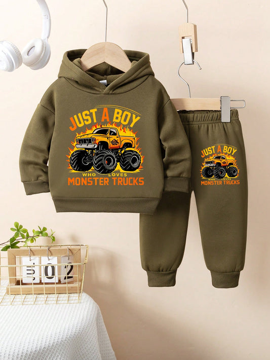 Toddler Boys' Cool Monster Truck Print Hoodie & Pants 2-Piece Set, Autumn/Winter