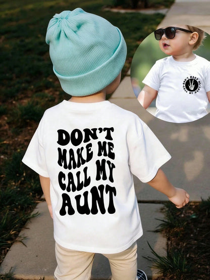 Toddler Boys Double-Sided Print Tee With Funny Bubble Letter Slogan, Solid Basic Design, Fashionable Casual Top For Little Boys.