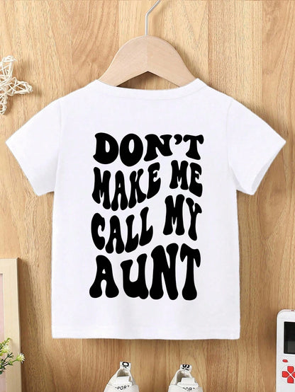 Toddler Boys Double-Sided Print Tee With Funny Bubble Letter Slogan, Solid Basic Design, Fashionable Casual Top For Little Boys.