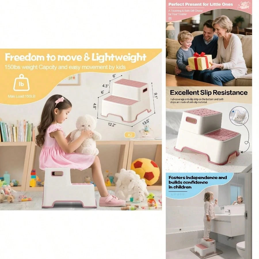 Toddler Step Stool For Bathroom Sink, 2 Pack Non Slip Potty Training Stool For Kids, Lightweight Two Step Stool