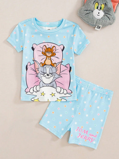 TOM & JERRY X Baby Girl Cartoon Print Short Sleeve Top And Shorts Casual Daily Home Sleepwear Set