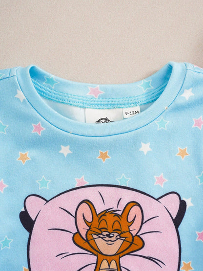 TOM & JERRY X Baby Girl Cartoon Print Short Sleeve Top And Shorts Casual Daily Home Sleepwear Set