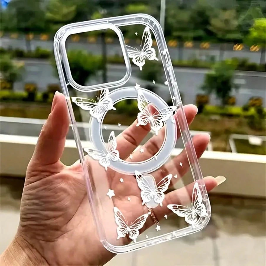 Transparent Dancing Butterfly Design Phone Case, Suitable For IPhone 17, 17pro, 17AIR, 17PROMAX,16 15 14 13 12 11 ProMax Pro Plus, Anti-Shock Magnetic Wireless Charging Acrylic Protective Cover, G