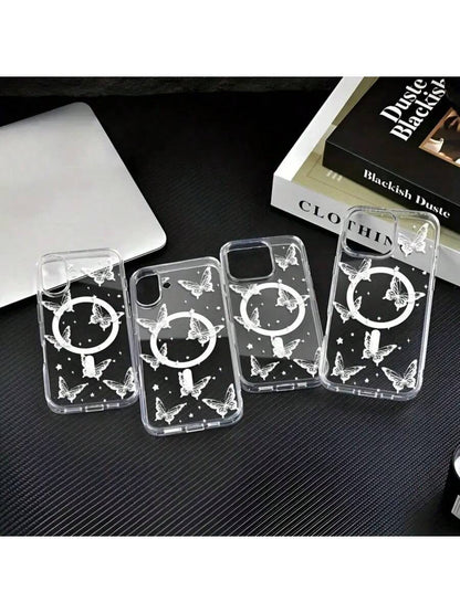 Transparent Dancing Butterfly Design Phone Case, Suitable For IPhone 17, 17pro, 17AIR, 17PROMAX,16 15 14 13 12 11 ProMax Pro Plus, Anti-Shock Magnetic Wireless Charging Acrylic Protective Cover, G