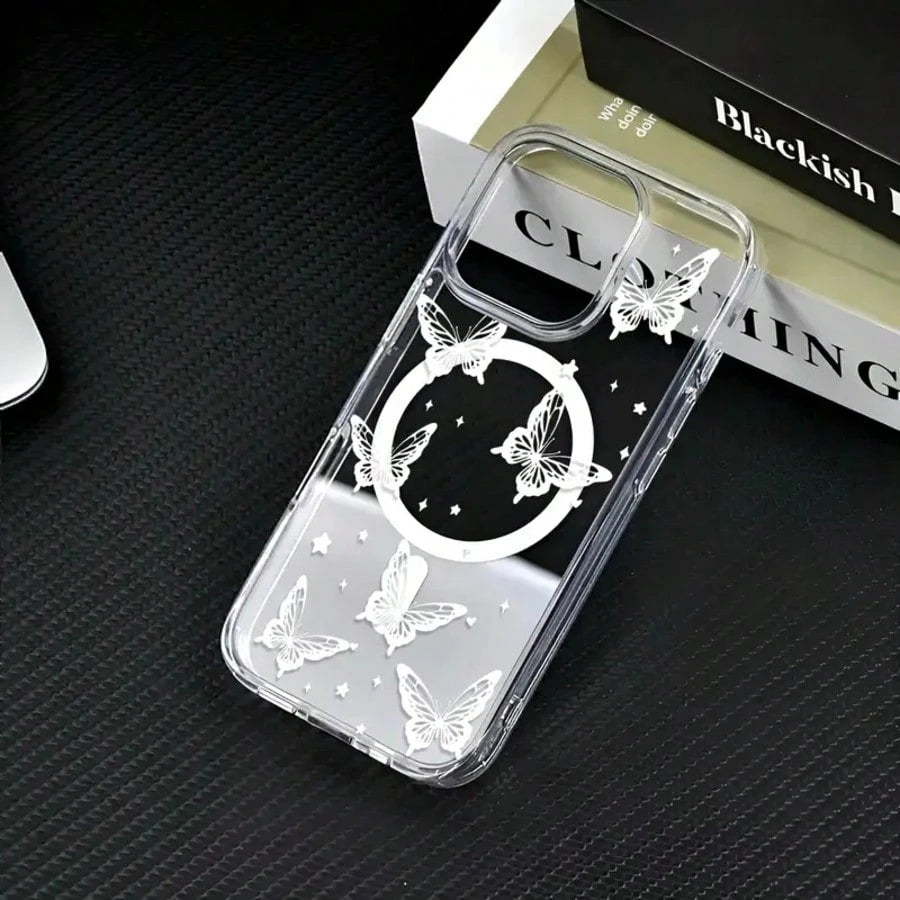 Transparent Dancing Butterfly Design Phone Case, Suitable For IPhone 17, 17pro, 17AIR, 17PROMAX,16 15 14 13 12 11 ProMax Pro Plus, Anti-Shock Magnetic Wireless Charging Acrylic Protective Cover, G