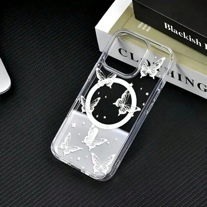 Transparent Dancing Butterfly Design Phone Case, Suitable For IPhone 17, 17pro, 17AIR, 17PROMAX,16 15 14 13 12 11 ProMax Pro Plus, Anti-Shock Magnetic Wireless Charging Acrylic Protective Cover, G