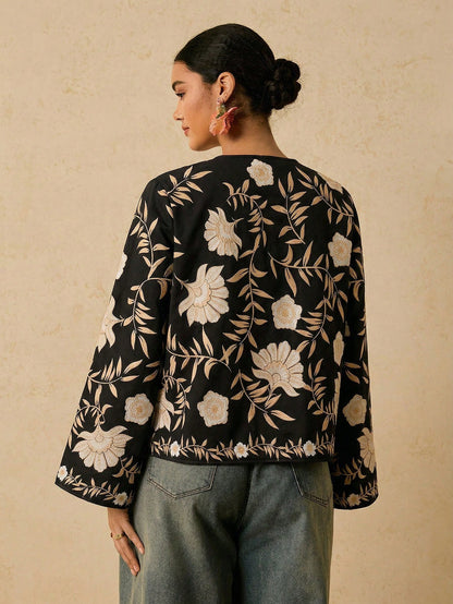 Travachic Plus Size Black Boho Blouse For Women,Retro Floral Print Tie Front Long Sleeve Shirt,Casual Autumn Silk Blouses For Summer Vacation Holiday Fall