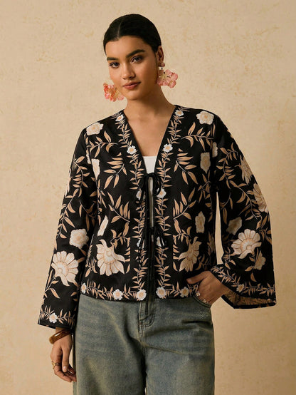 Travachic Plus Size Black Boho Blouse For Women,Retro Floral Print Tie Front Long Sleeve Shirt,Casual Autumn Silk Blouses For Summer Vacation Holiday Fall