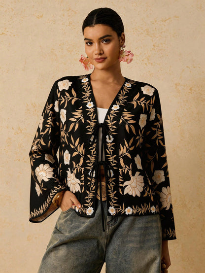 Travachic Plus Size Black Boho Blouse For Women,Retro Floral Print Tie Front Long Sleeve Shirt,Casual Autumn Silk Blouses For Summer Vacation Holiday Fall