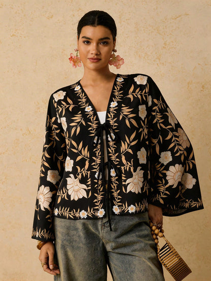 Travachic Plus Size Black Boho Blouse For Women,Retro Floral Print Tie Front Long Sleeve Shirt,Casual Autumn Silk Blouses For Summer Vacation Holiday Fall