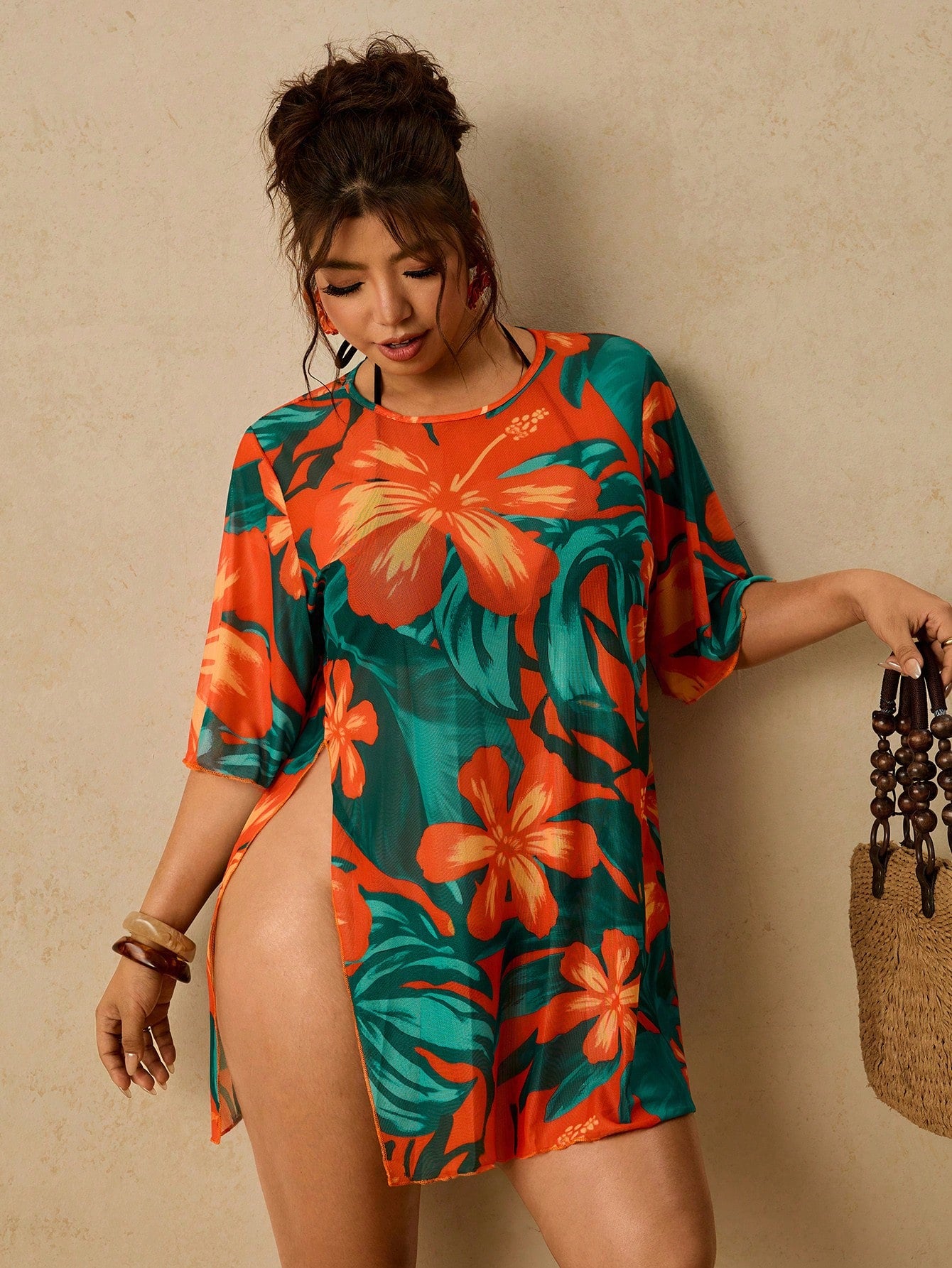 Travachic Plus Size Tropical Print Split Hem Beach Vacation Cover-Up Orange Summer Vacation Beach, Island Vacation, All-Season Style, Tropical Print.