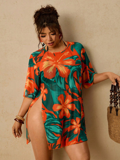 Travachic Plus Size Tropical Print Split Hem Beach Vacation Cover-Up Orange Summer Vacation Beach, Island Vacation, All-Season Style, Tropical Print.