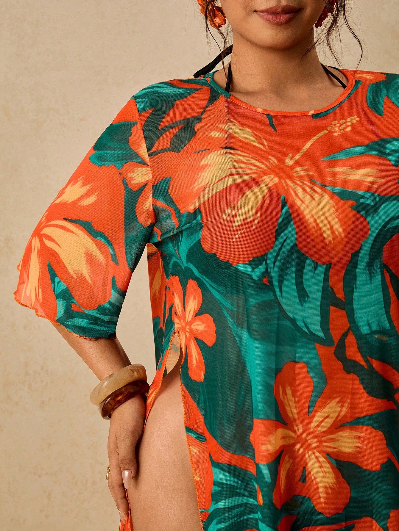 Travachic Plus Size Tropical Print Split Hem Beach Vacation Cover-Up Orange Summer Vacation Beach, Island Vacation, All-Season Style, Tropical Print.