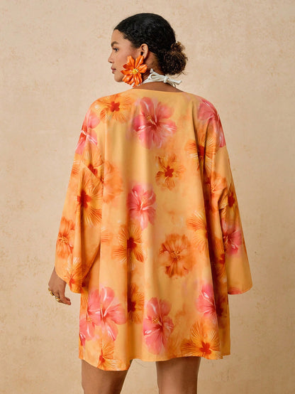 Travachic Plus Size Women's Apricot Ocean Fish Print Cover-Up, Mid-Length Sleeve Loose Kimono Cover Up, Romantic Early Spring Beach Hot Spring Pattern Shirt