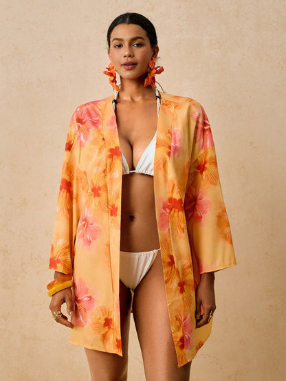 Travachic Plus Size Women's Apricot Ocean Fish Print Cover-Up, Mid-Length Sleeve Loose Kimono Cover Up, Romantic Early Spring Beach Hot Spring Pattern Shirt