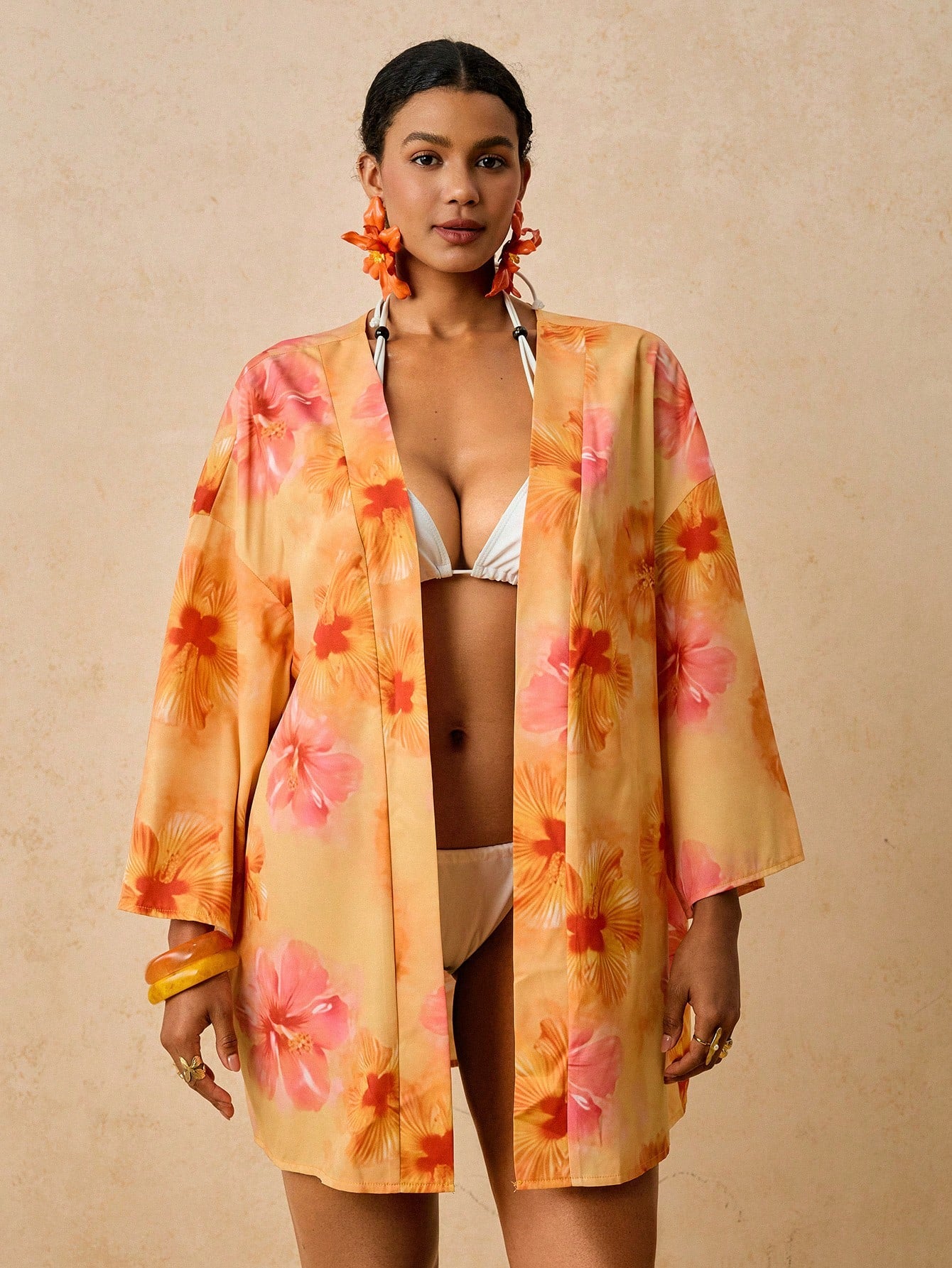 Travachic Plus Size Women's Apricot Ocean Fish Print Cover-Up, Mid-Length Sleeve Loose Kimono Cover Up, Romantic Early Spring Beach Hot Spring Pattern Shirt
