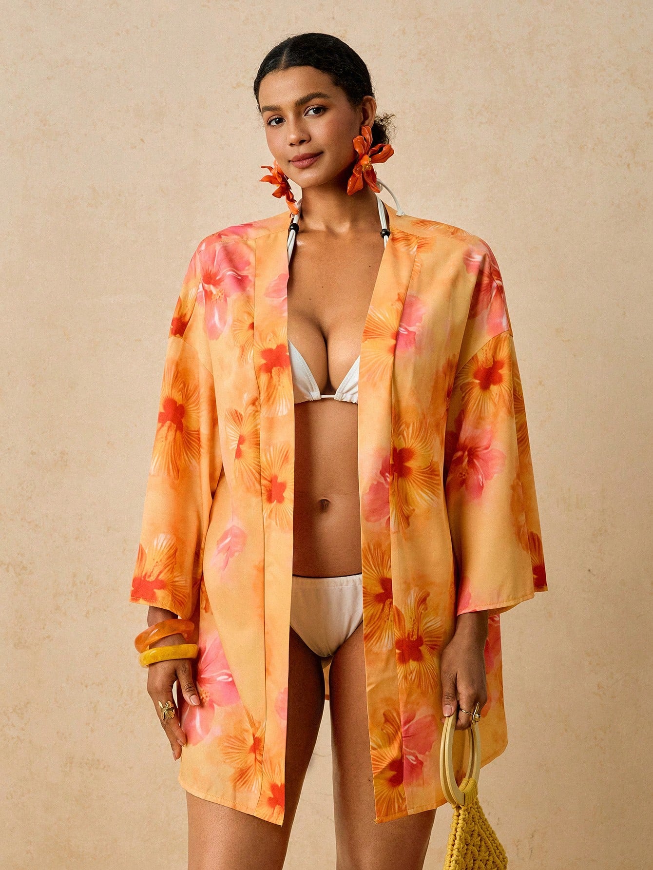 Travachic Plus Size Women's Apricot Ocean Fish Print Cover-Up, Mid-Length Sleeve Loose Kimono Cover Up, Romantic Early Spring Beach Hot Spring Pattern Shirt