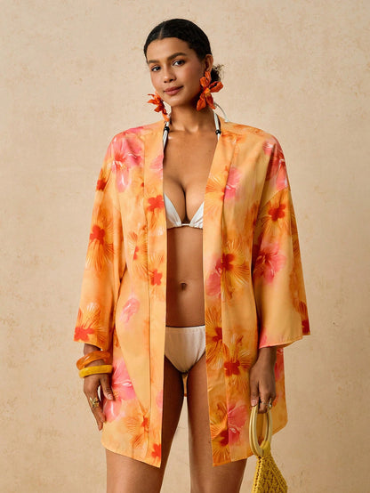 Travachic Plus Size Women's Apricot Ocean Fish Print Cover-Up, Mid-Length Sleeve Loose Kimono Cover Up, Romantic Early Spring Beach Hot Spring Pattern Shirt