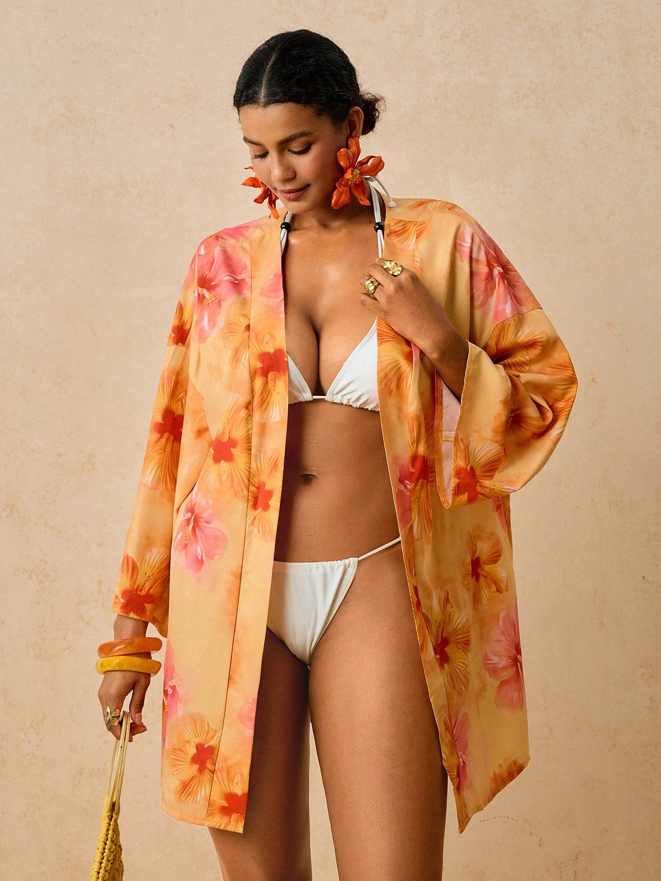 Travachic Plus Size Women's Apricot Ocean Fish Print Cover-Up, Mid-Length Sleeve Loose Kimono Cover Up, Romantic Early Spring Beach Hot Spring Pattern Shirt