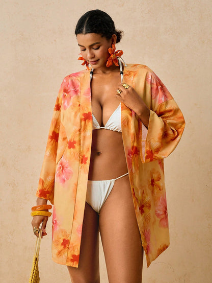 Travachic Plus Size Women's Apricot Ocean Fish Print Cover-Up, Mid-Length Sleeve Loose Kimono Cover Up, Romantic Early Spring Beach Hot Spring Pattern Shirt