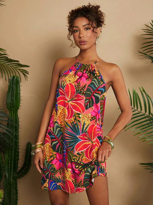 Travachic Red Floral Summer Boho Holiday Vacation Mini Dress For Women,Open Shoulder Loose Tropical Printed Bohemian Clothes,Western Beachwear,Cruise Attire