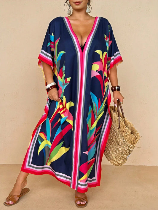Travachic Women's Navy Blue Summer Boho Beach Holiday Tropical Resort Wear,Colorful Striped Floral Print V-Neck Kaftan Dress,Loose Batwing Sleeve Maxi Cover Up