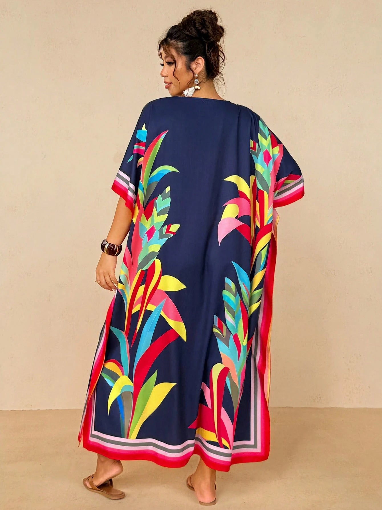 Travachic Women's Navy Blue Summer Boho Beach Holiday Tropical Resort Wear,Colorful Striped Floral Print V-Neck Kaftan Dress,Loose Batwing Sleeve Maxi Cover Up