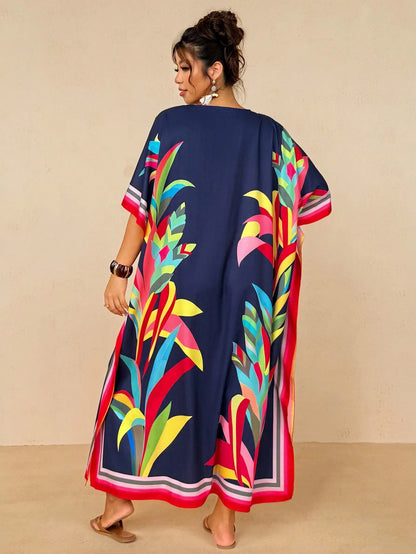 Travachic Women's Navy Blue Summer Boho Beach Holiday Tropical Resort Wear,Colorful Striped Floral Print V-Neck Kaftan Dress,Loose Batwing Sleeve Maxi Cover Up