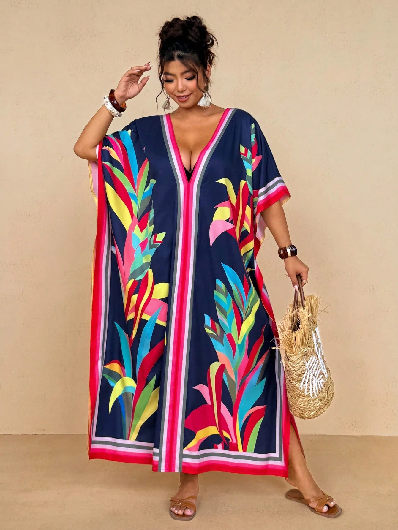 Travachic Women's Navy Blue Summer Boho Beach Holiday Tropical Resort Wear,Colorful Striped Floral Print V-Neck Kaftan Dress,Loose Batwing Sleeve Maxi Cover Up