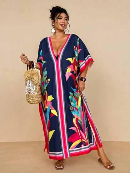 Travachic Women's Navy Blue Summer Boho Beach Holiday Tropical Resort Wear,Colorful Striped Floral Print V-Neck Kaftan Dress,Loose Batwing Sleeve Maxi Cover Up